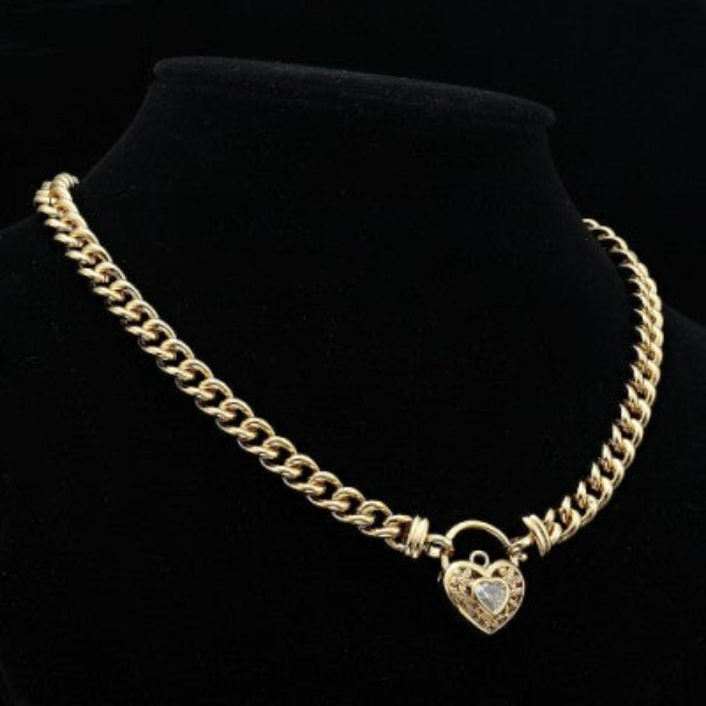 18ct Heavy Yellow Gold Plated Euro Chain Necklace with a Filigree Locket Featuring a Simulated Diamond - USA Made-1